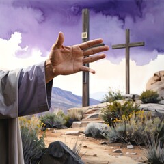 A hand reaching out towards two crosses against a dramatic purple sky, evoking a sense of hope and faith in a desert landscape.