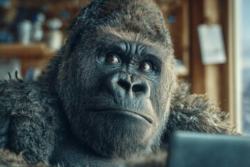 Joyful morning with a laptop-savvy anthropomorphic ape. Crypto money truth. Digital currency: financial liberation or clever manipulation. Crypto finance facts. Bright ape joy.