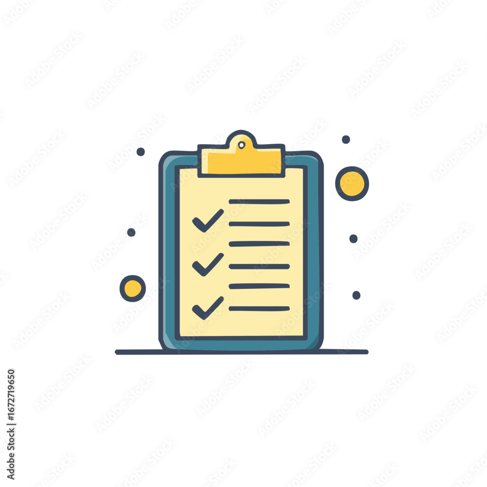 Poster checklist with checkmarks on a clipboard illustration with scattered dots and circles