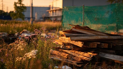 Stacked lumber in a grassy field at sunset (1)