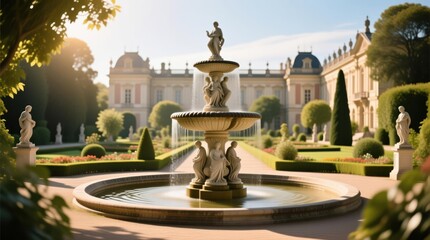 Fototapeta premium Grand fountain in a meticulously landscaped garden, sunlight highlighting the classical architecture beyond