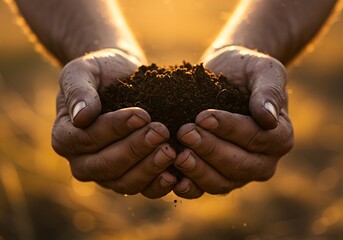 Hands Holding Soil, Golden Hour Sunlight. Generative Ai