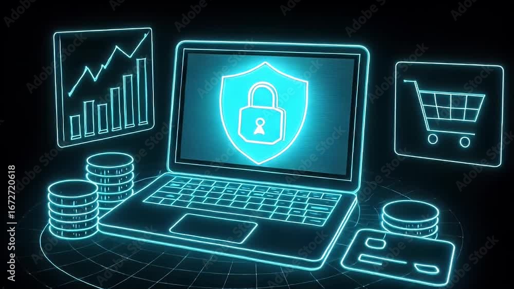 Poster digital security and assurance: a laptop, central to an artistic portrayal of cyber security, stands