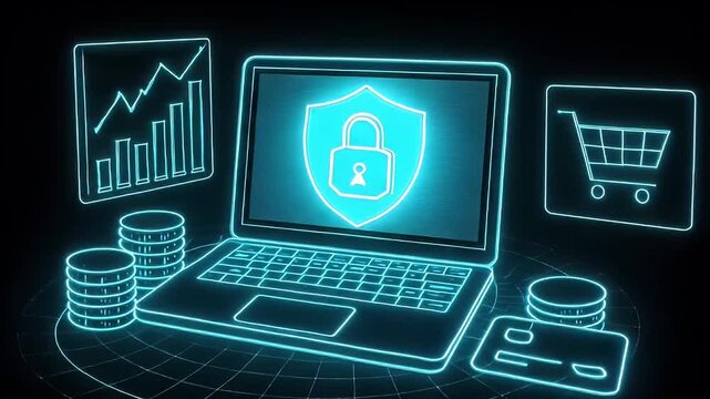 Digital Security and Assurance: A laptop, central to an artistic portrayal of cyber security, stands as a fortress of secure data and digital transactions in an era of technological advancement.