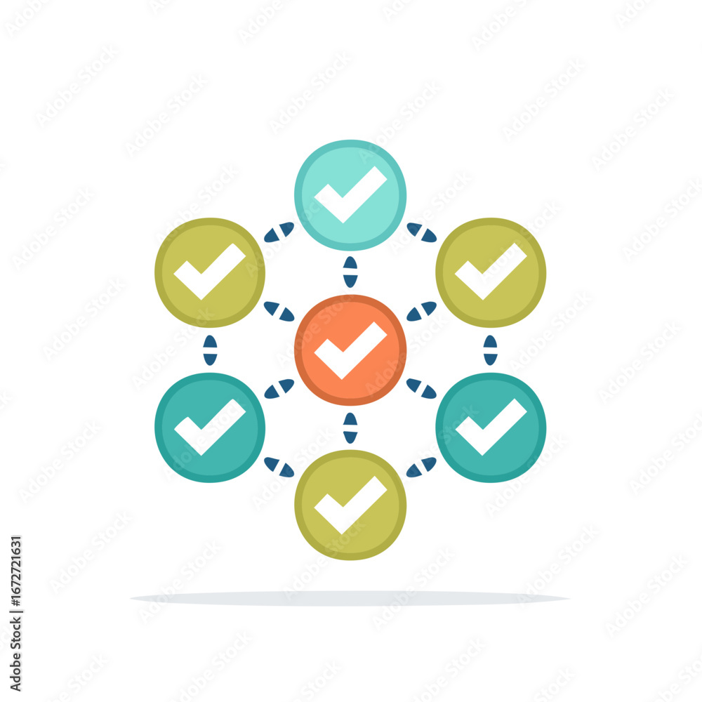 Aufkleber network of check mark icons: connected circles representing approved actions or completed tasks