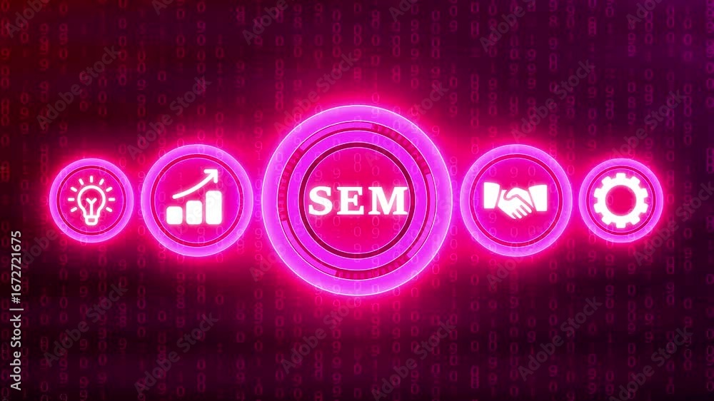 Poster digital marketing sem concept with icons and binary code background in neon pink search engine marke