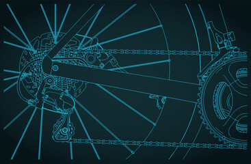 Road bike rear wheel cassette gears mechanism close-up blueprint