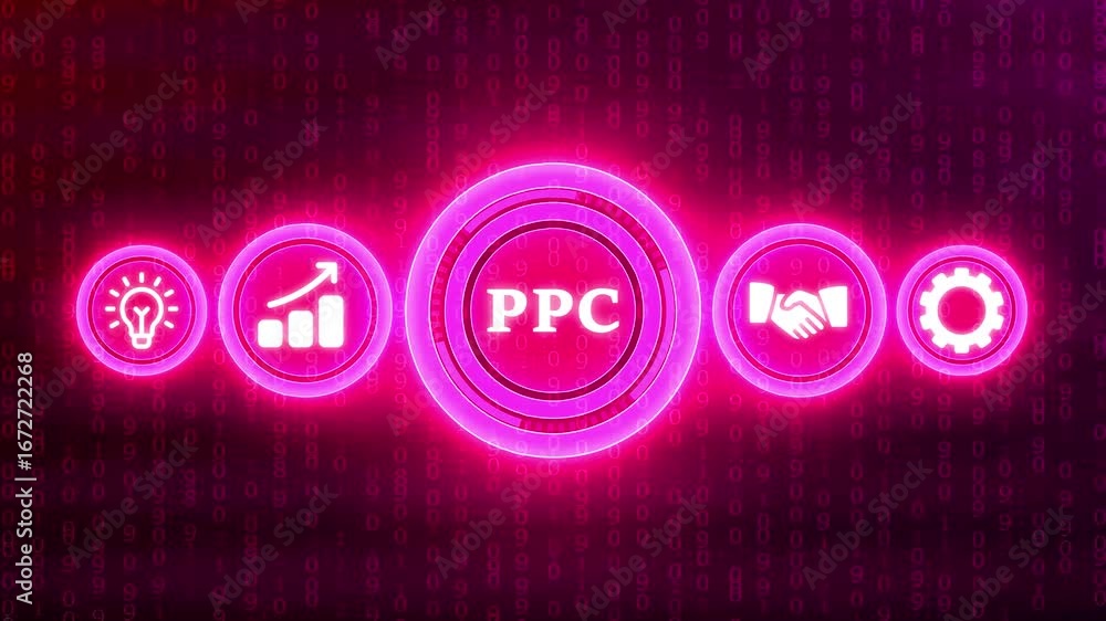 Poster digital marketing pc concept with icons and binary code background in neon pink pay per click online