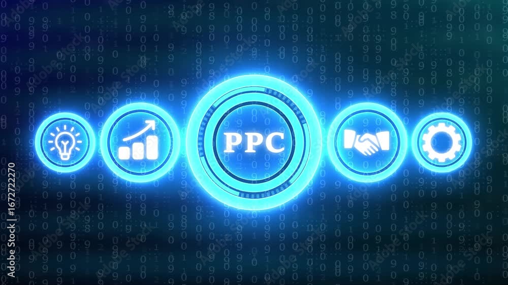 Aufkleber digital marketing pc concept with icons and binary code background in neon blue pay per click online
