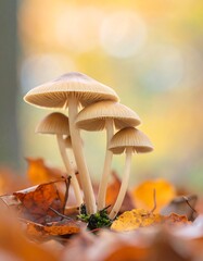 Delicate cluster of mushrooms in a bed of autumn leaves, bathed in warm sunlight.