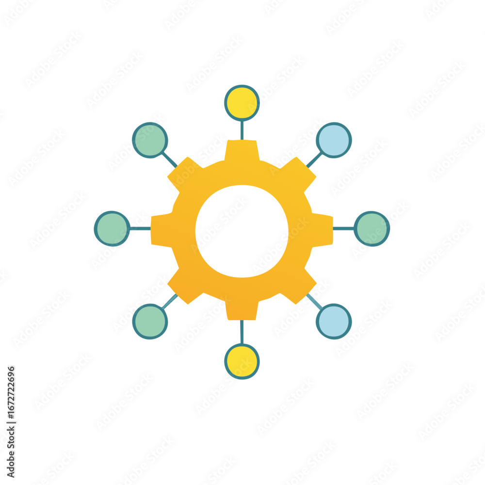 Aufkleber abstract flat design icon of a central yellow gear connecting a network of colorful nodes