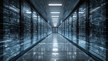 Server room hallway with digital data