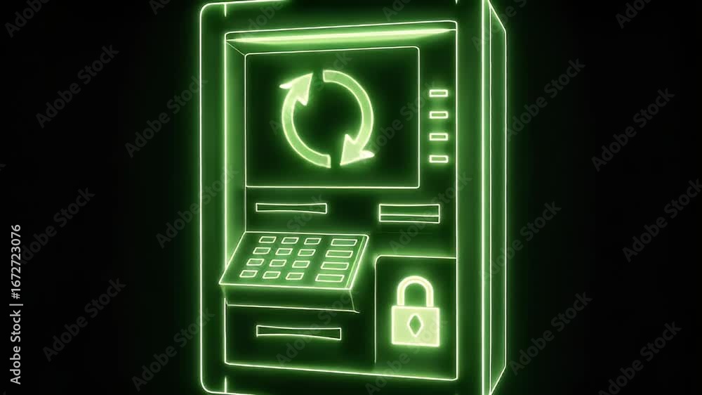 Poster atm with refresh icon: a modern atm, outlined in neon, the atm displays a refresh icon, signifying t