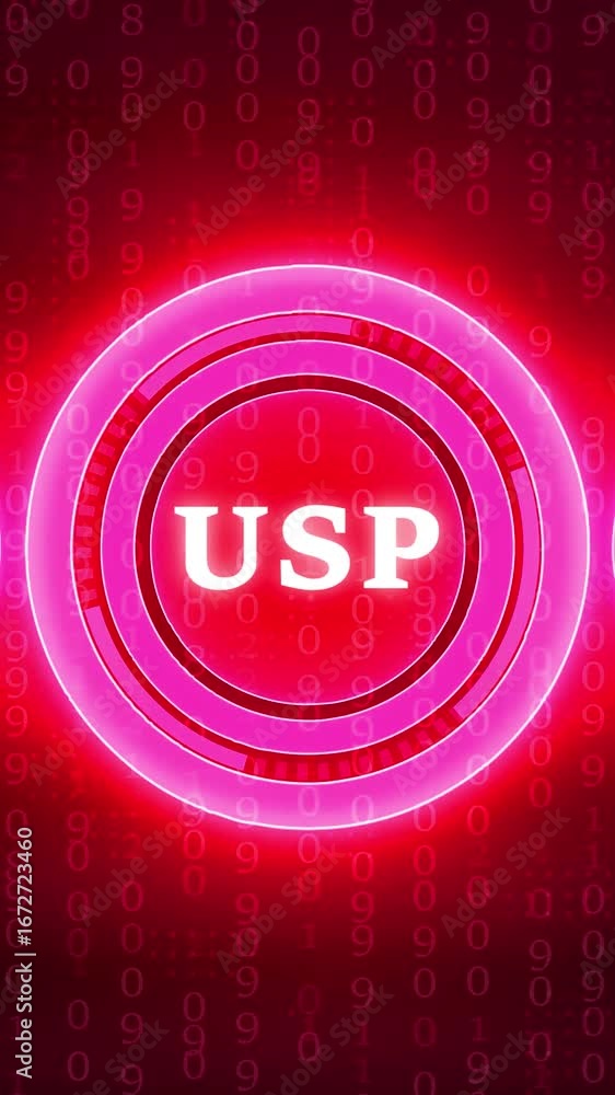 Poster vertical glowing red usp symbol with binary code background and neon ring unique selling proposition