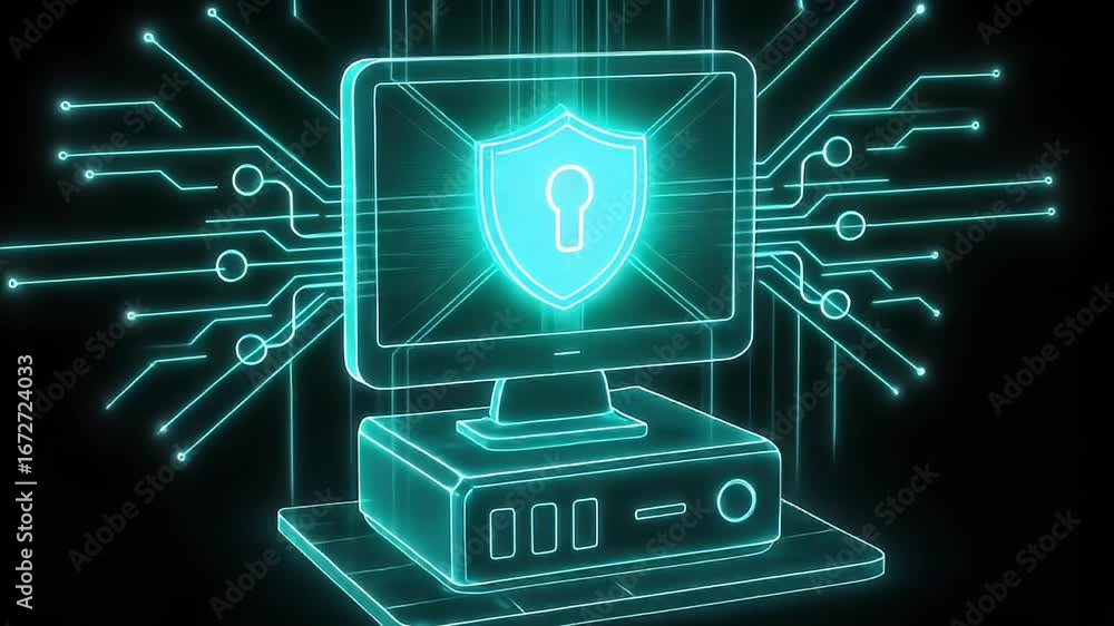 Poster cyber shield: a digital artwork illustrating robust cybersecurity, showcasing a monitor with a shiel