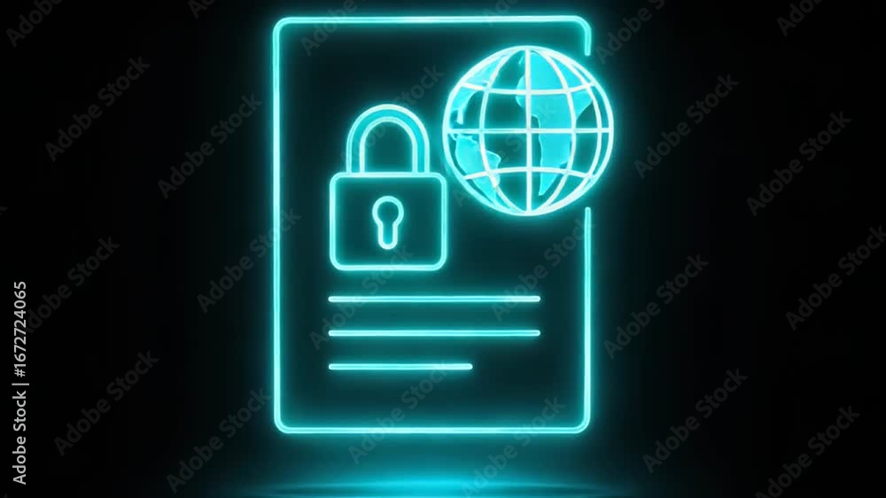 Poster digital security icon: a glowing neon-style icon represents global data protection, featuring a secu