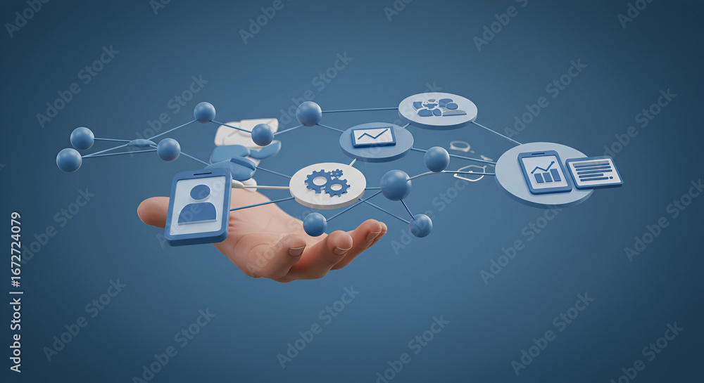 Poster hand presenting a network of interconnected digital devices and information flows