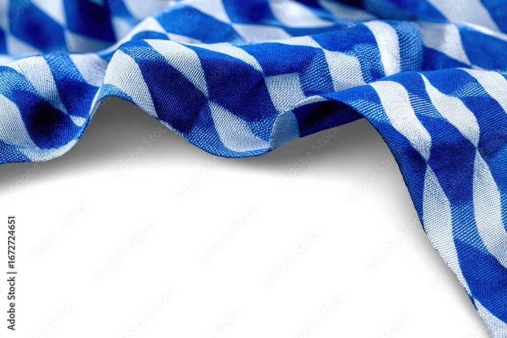 Poster blue and white bavarian checkered tablecloth draped over a white background creating a textured fram