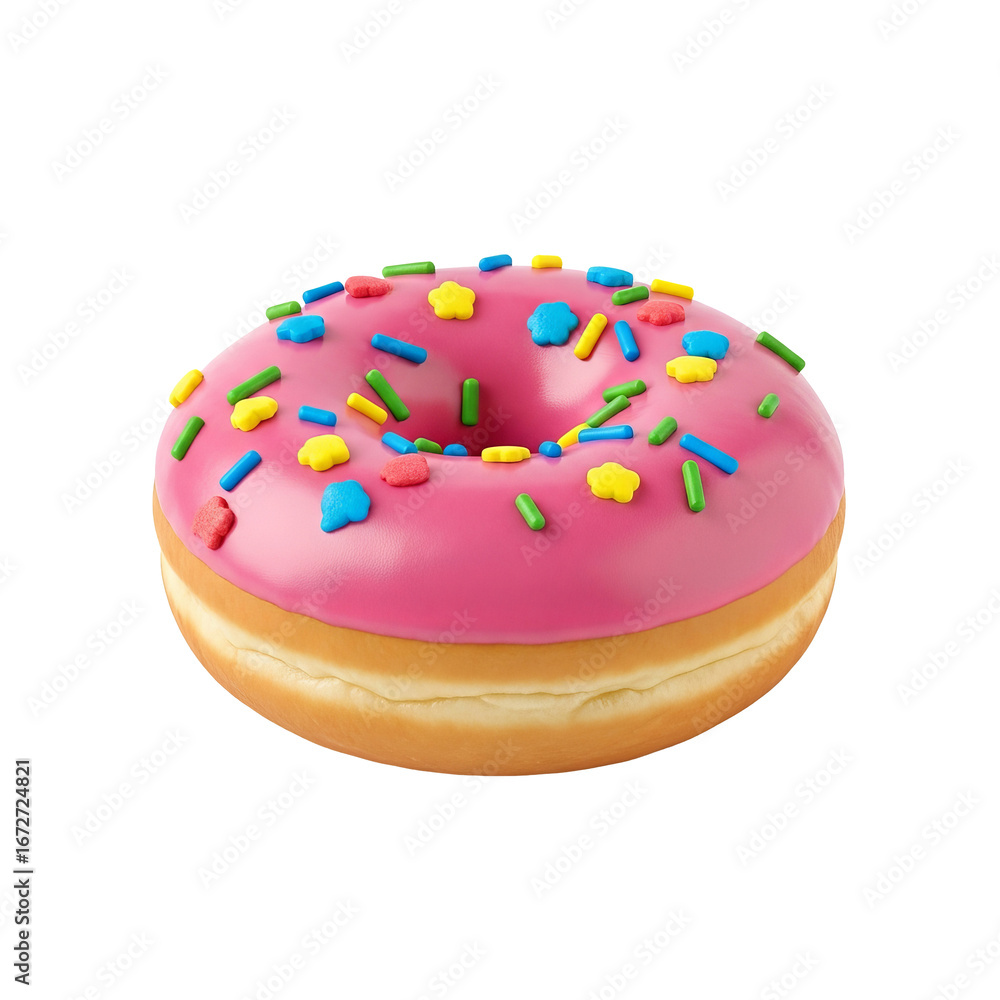 Poster a donut is displayed with pink frosting and colorful sprinkles against a stark isolated background.
