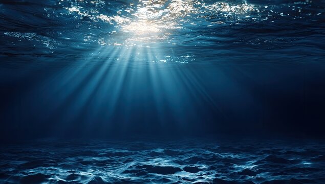 Underwater sunbeams illuminate ocean floor, tranquil scene, background suitable for marine themes - Powered by Adobe
