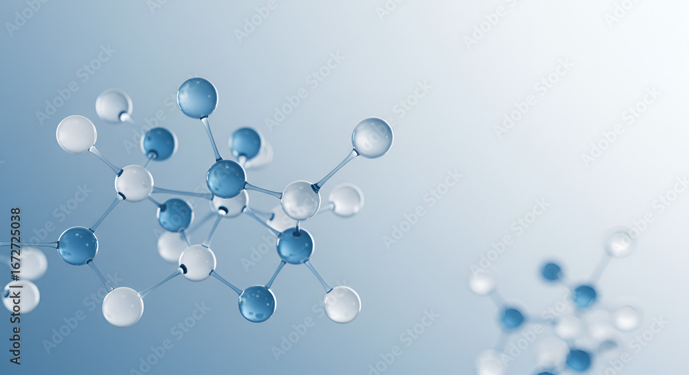 Poster molecular structure model with blue and white atoms on gradient background
