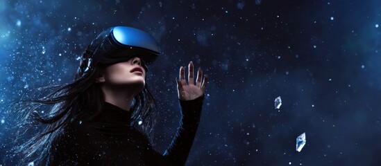 Woman engaging with a virtual reality headset, immersing herself in a vibrant digital world filled with interactive experiences and futuristic technology