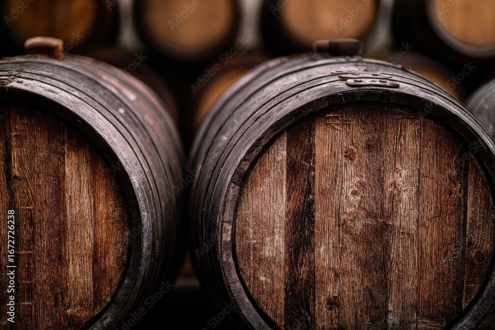 Poster oak barrels stacked in rows inside a winery cellar, creating a traditional and rustic atmosphere