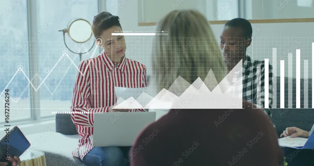 Aufkleber digital overlays fading in guiding team pointing at charts and reviewing business data on laptop