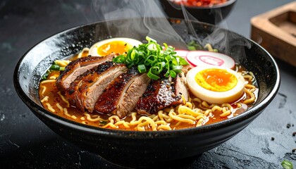 A steaming bowl of flavorful duck ramen, showcasing tender duck slices, soft-boiled eggs, and noodles in a rich broth.