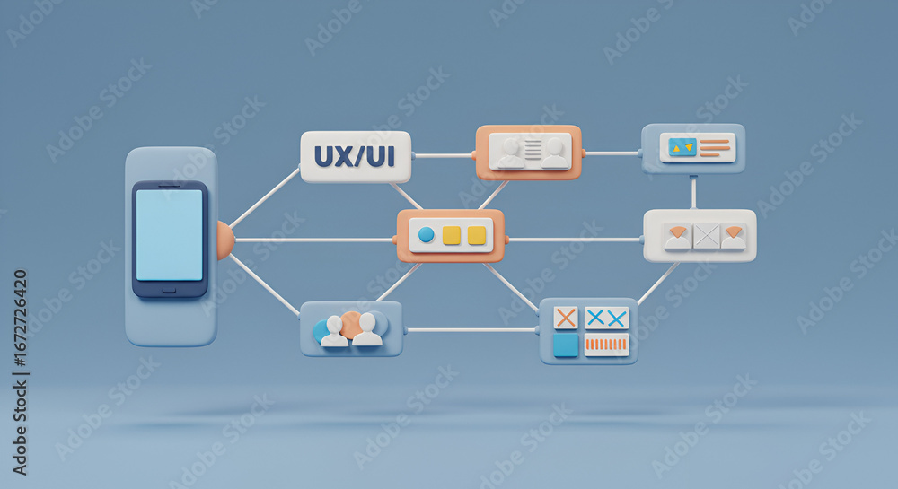 Poster ux/ui design and development process illustrated with smartphone and icons concept