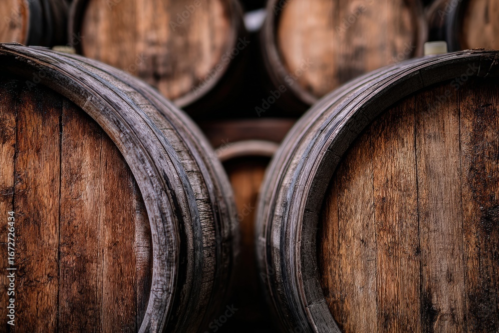 Poster stacked oak wine barrels in a rustic cellar create an evocative backdrop, enhancing themes of winema