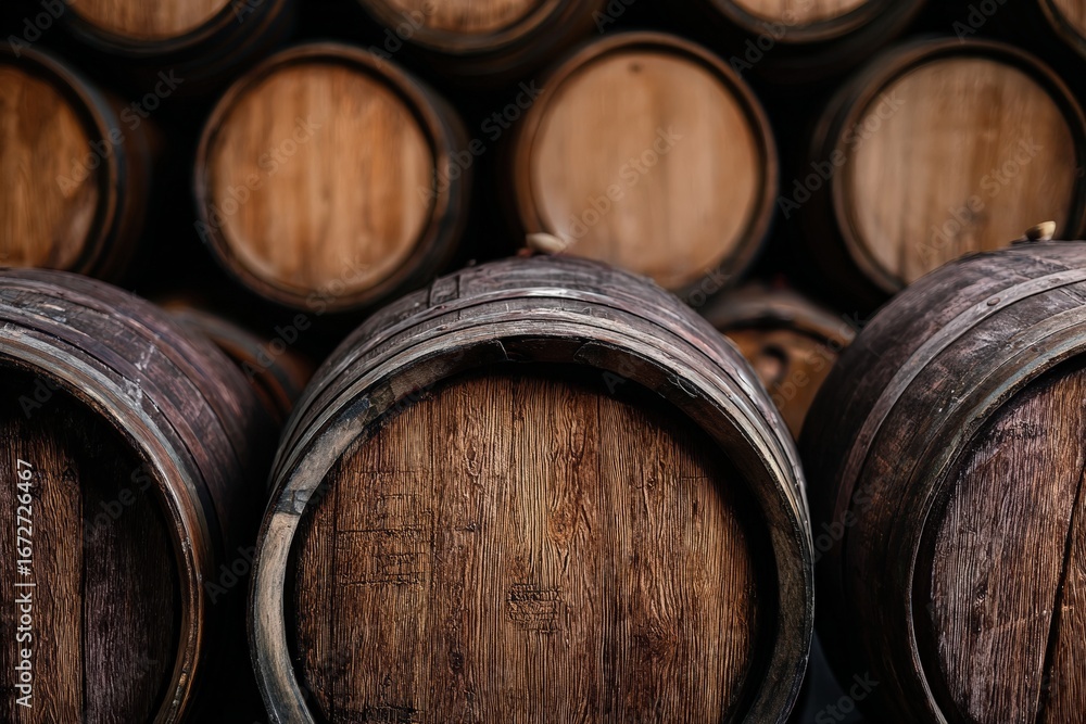 Poster oak wine barrels stacked inside a winery cellar aging, creating a captivating image for wine enthusi
