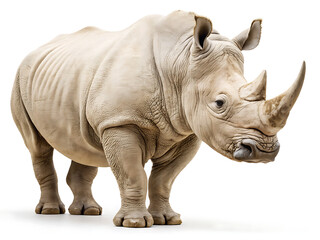 Fototapeta premium A full body shot of a rhinoceros standing on a white background with its head facing the camera lens