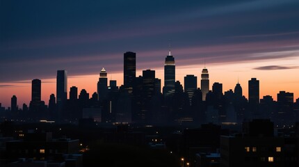 Fototapeta premium Silhouette of a city skyline at sunrise. Silhouetted skyscrapers against a vibrant sunrise. City lights illuminate the buildings. Misty atmosphere