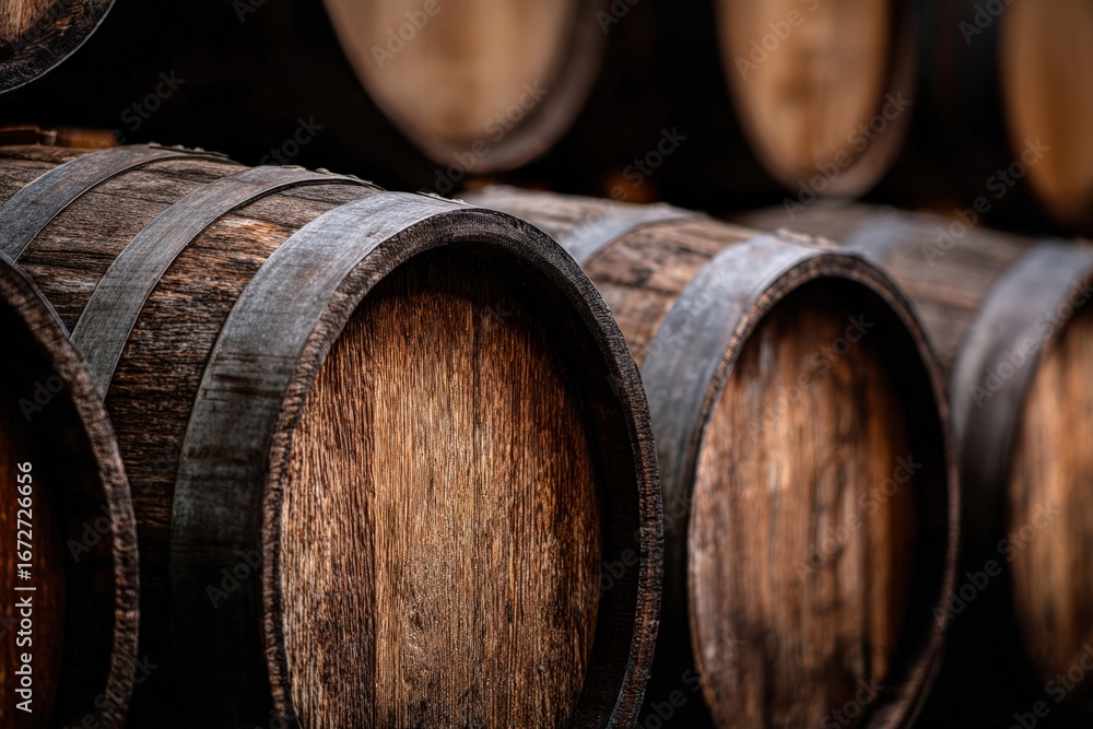 Poster oak wine barrels are stacked in rows inside a winery cellar, creating a warm and rustic atmosphere