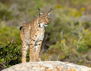 Obraz premium A lynx stands alert on a rock overlooking a blurred natural background.