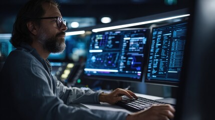 Professional analyzing big data and developing software using computer in modern server room