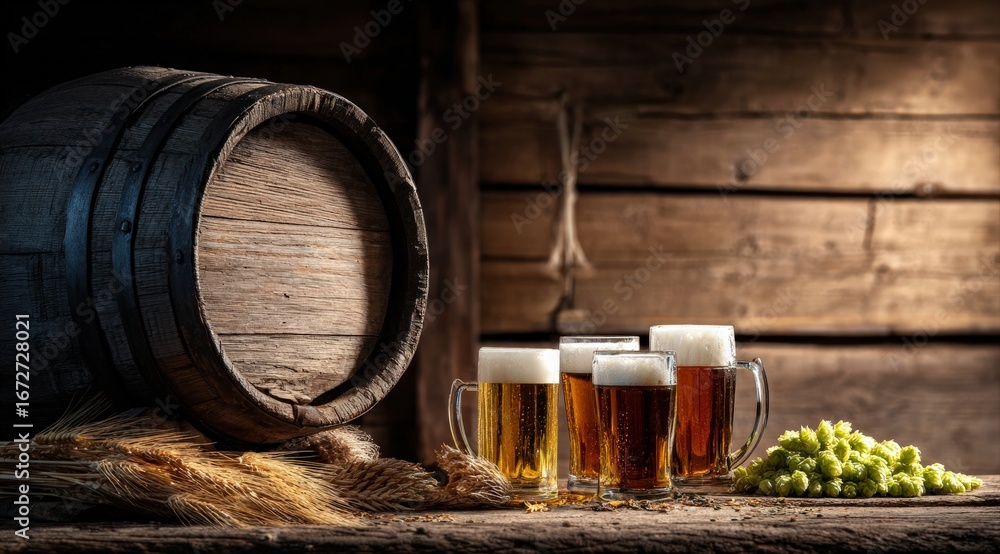 Poster different glasses of beer and a wooden barrel resting on a table with wheat and hops in a rustic cel