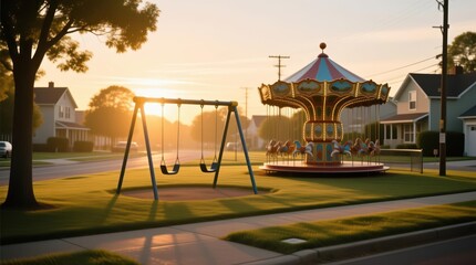 Sunrise over a suburban park with swings and a carousel.  Golden light bathes a grassy area with swings and a colorful carousel, nestled in a quiet residential street