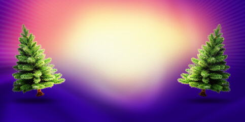 Festive Christmas background with two green pine trees on colorful gradient backdrop, holiday design template for greeting cards, banners, invitations and seasonal decorations