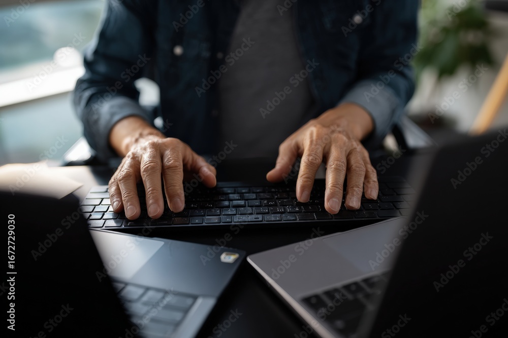 Poster close up of hands typing on keyboard, working with two laptops on black desk, concept of programming