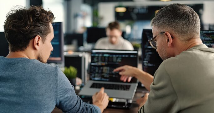 Two software developers collaborating on code analysis while working together at their office, utilizing a laptop for their project