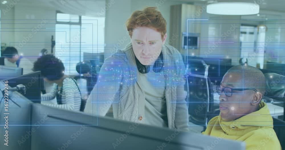 Poster engineers leaning and pointing at code while technology overlay animating nodes enabling debugging