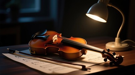 Violin resting on music sheets under a desk lamp
