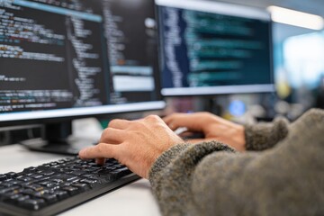 Close up of hands typing code on keyboard, working on software development project with blurred code displayed on computer screens in background