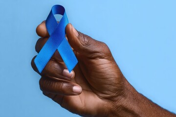 Close up of hand holding blue ribbon, representing prostate cancer awareness and men's health, on a blue background