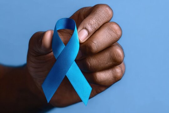 Close up of hand holding light blue ribbon, representing prostate cancer awareness and men's health, on a solid blue background