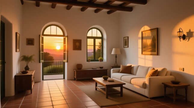 Warm sunset streams into a Spanish-style living room, highlighting terracotta floors and natural light