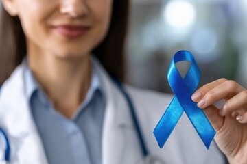 Doctor holding a blue ribbon, symbolizing the fight against prostate cancer and promoting awareness for men's health and well being
