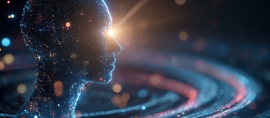 Digital human profile with swirling light effects